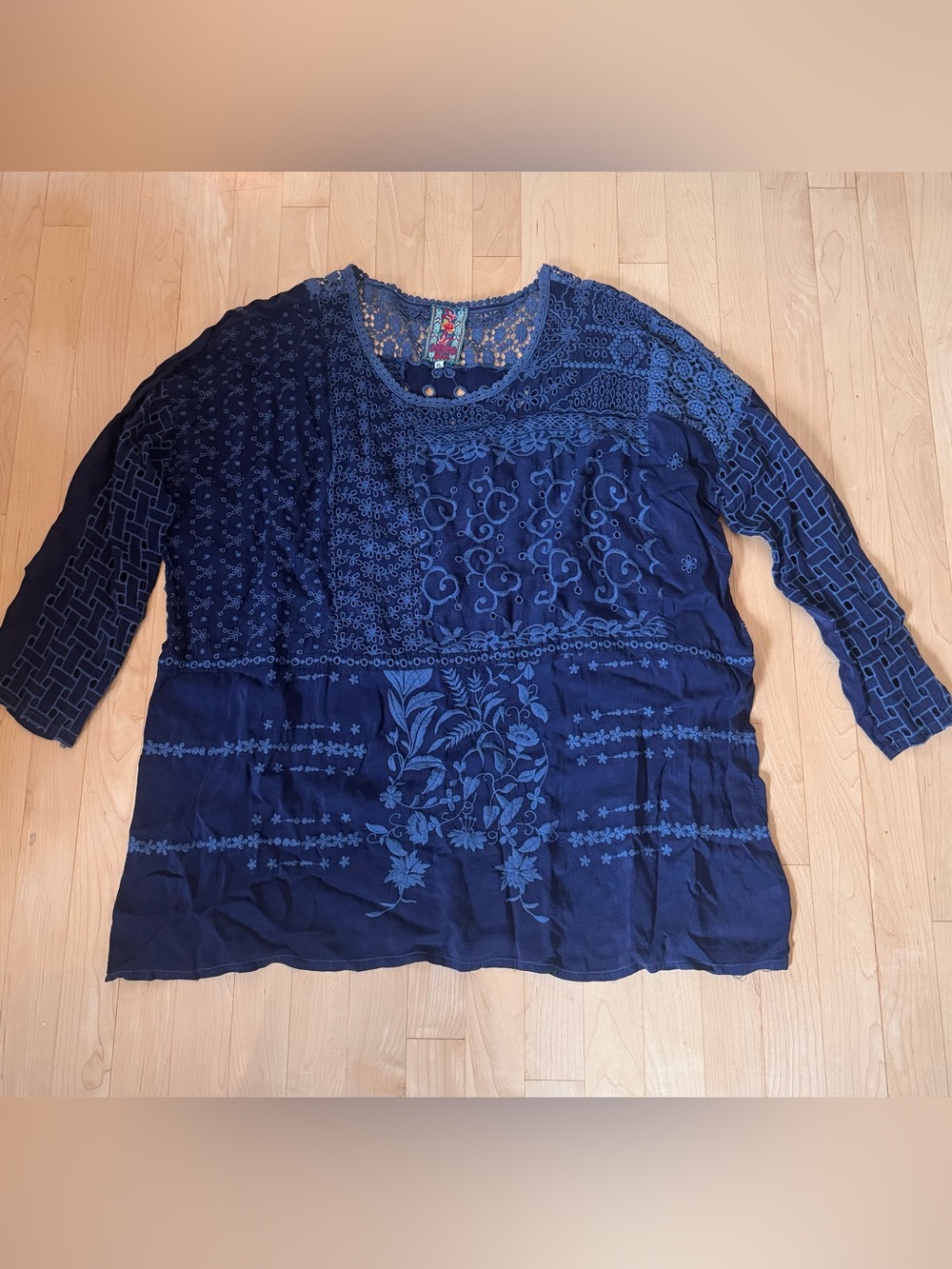 Johnny Was Navy Blue Eyelet Embroidered Patchwork Tunic